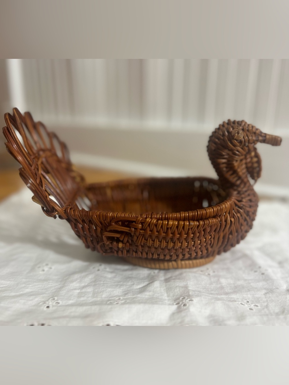 Vintage Wicker Rattan Turkey Basket Thanksgiving Fall Boho Centerpiece Decor